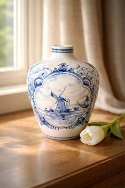 Delft Blue Windmill Bud Vase Hand Painted Pottery
